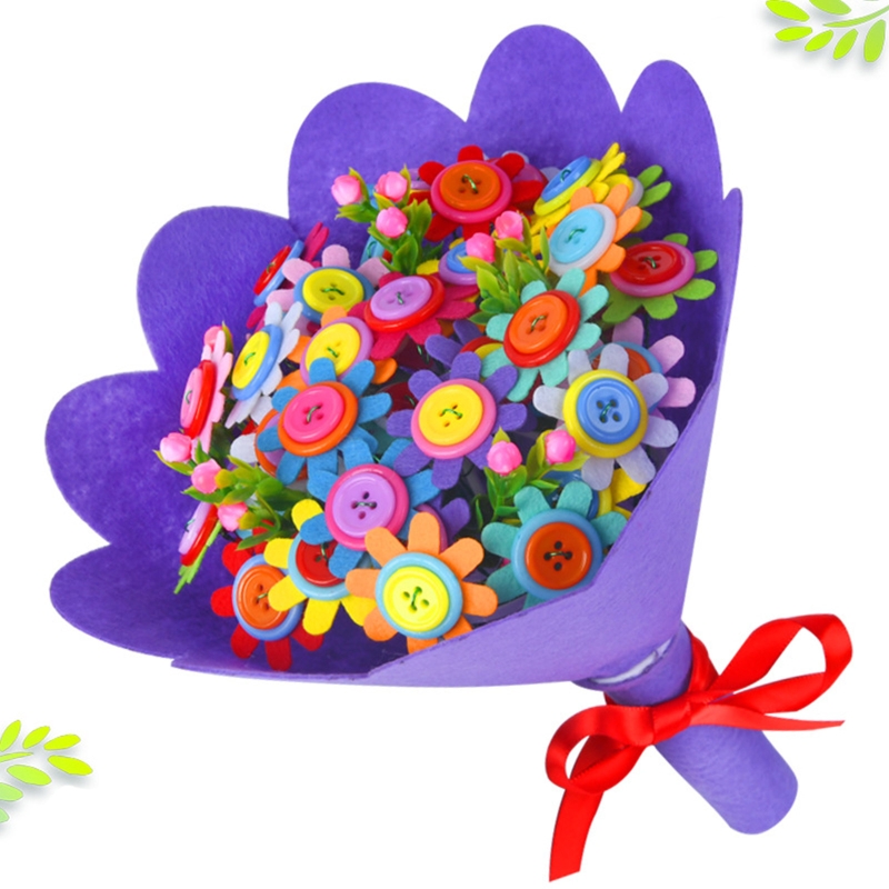 Q6PD Kids Button Felt Bouquet Art Crafting Project Kits Material for School Children Art Class Teaching Props Handmade