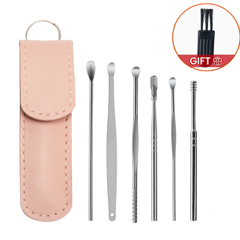 Silicone Ear Care Kit Earpick set Canal Cleaner Earwax Ears Cleaning Stick Tools Massage Removal Wax Earwax Ear Cleaner Spoon: 6Pcs-Pink