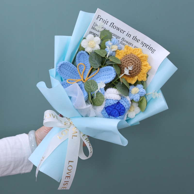 Ramo de ganchillo terminado, cuerda, flores artificiales, plantas rellenas, boda, San Valentín, Día de la madre, cumpleaños, de graduación: Transparente