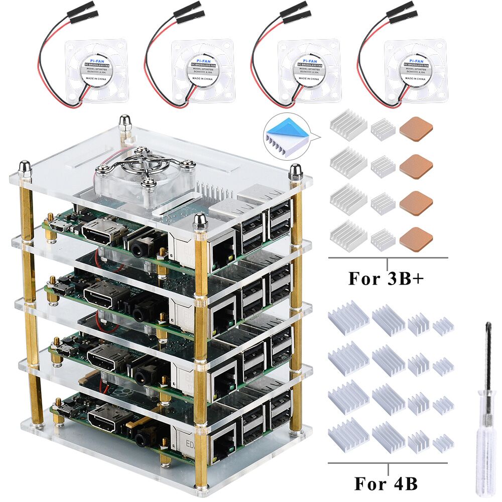 52Pi 4Layer Transparent Clear/Dark Brown Acrylic Case Cooling Fan Heatsink Screwdriver for Raspberry Pi 4 B / 3B+ / 3B/2B/B+: Clear