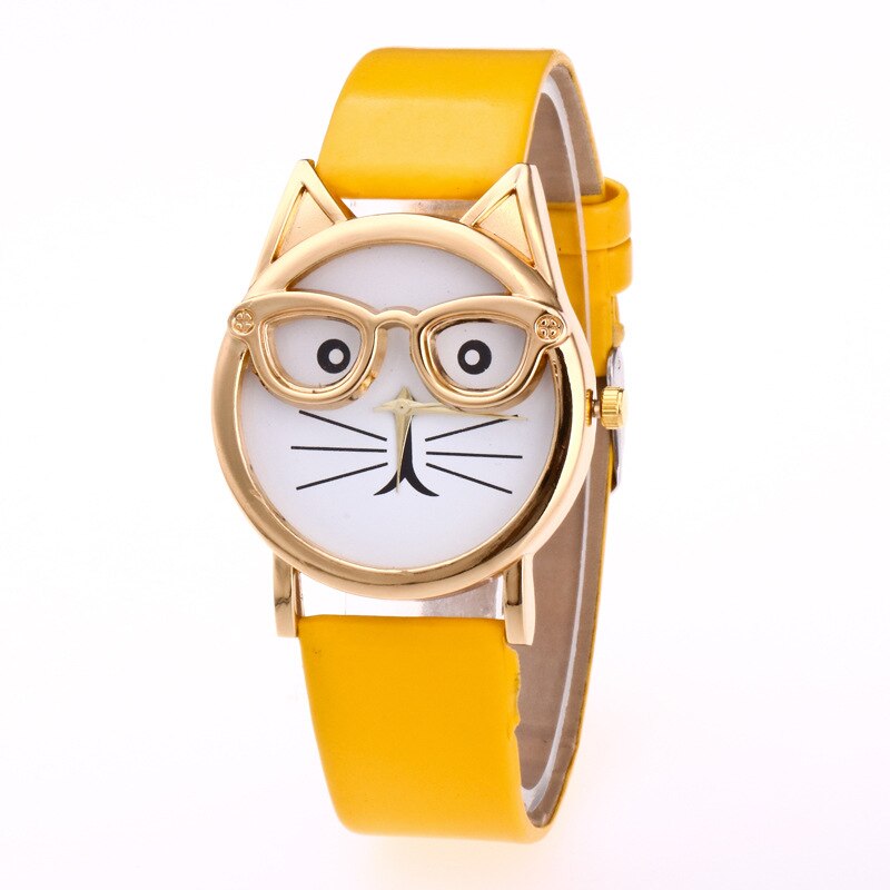 Hello kitty tegneserie sød kat bære briller børn se børn leopard ur fødselsdag studerende dreng pige farverigt ur: Gul