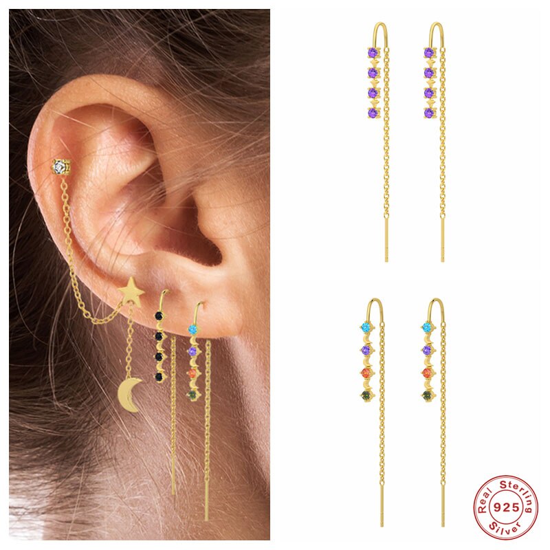 Aide 925 Sterling Zilver Kleurrijke Zirkoon Lange Ketting Kwast Threader Oorbellen Voor Vrouwen Oorbellen Partij Sieraden Pendientes
