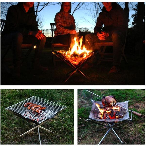 Bærbart sammentrækbart grillstativ udendørs bærbart brandstativ sammenklappeligt bord grill rustfrit stål spids kulovn