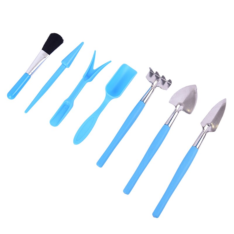 7 stk mini rake spade transplantasjon verktøy hagearbeid verktøy sett miniatyr spade børste widger saftige plante hjelper: Blå