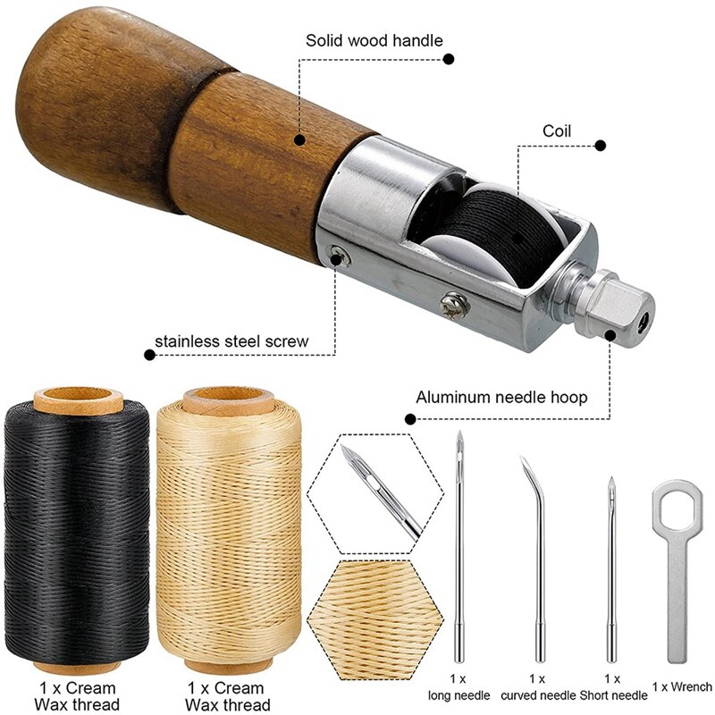 Leather Sewing Awl Kit, Stitching Leather Craft Awl With Needles,DIY Lacing Stitching,Chisel Leather Sewing Waxed Thread
