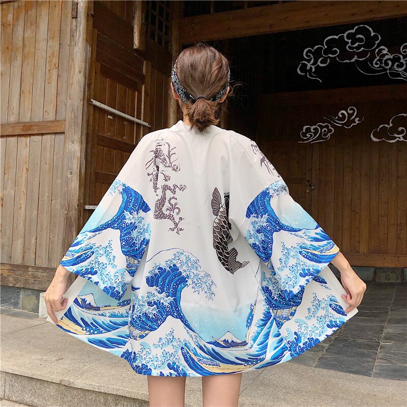 La grande vague de Kanagawa femme japonais traditionnel Orient ethnique Cardigan Kimono manteau unisexe mince lâche Ukiyo-e tenues: WHITE