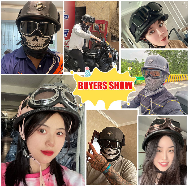 De oorlog II Duitse M35 halfshell handgemaakte lederen helm voor heren dames met Halley Goggle Skull Cap voor Cruiser Scooter Chopper