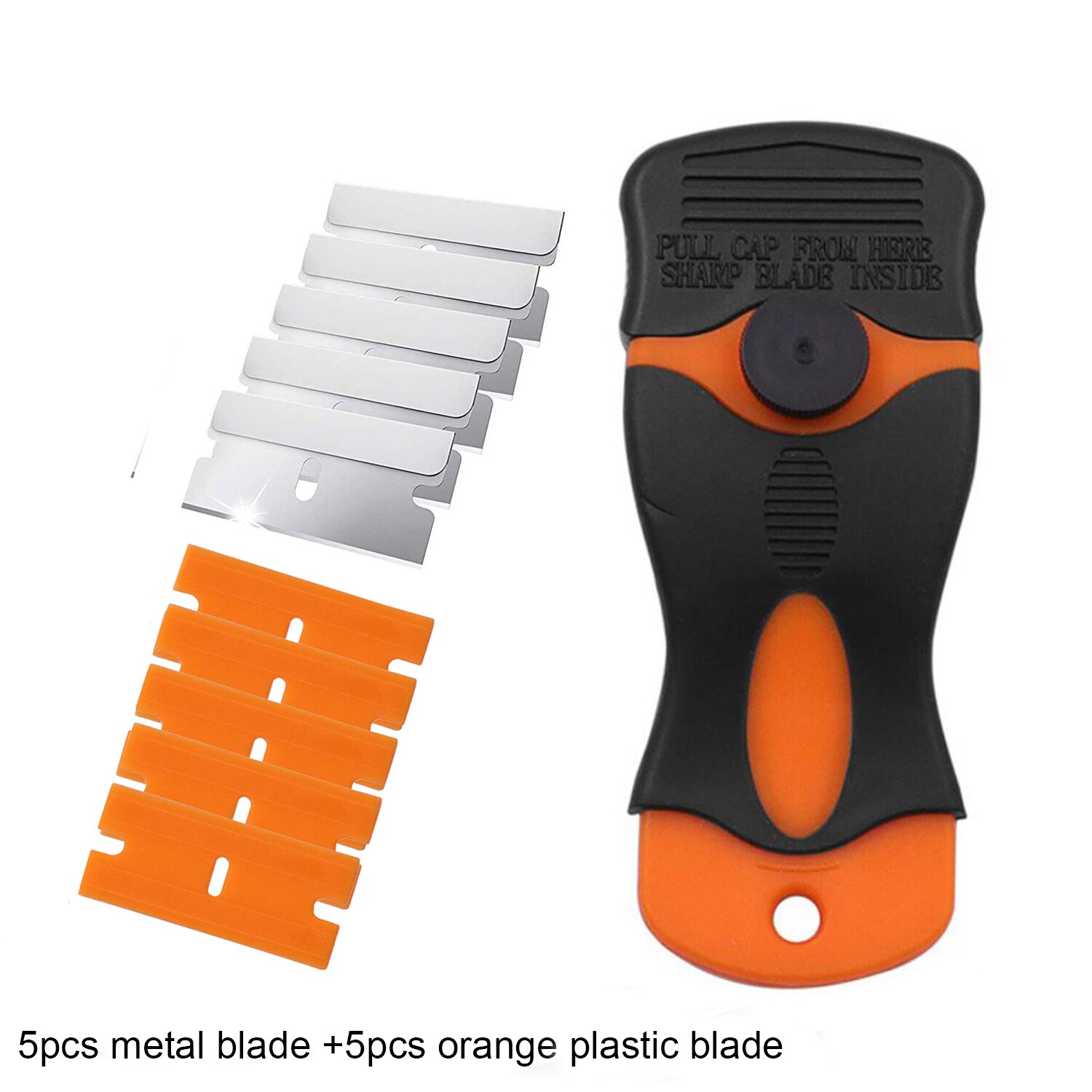 Cleaning Razor Scraper + 10pcs Blades Car Window Tint Glass Vinyl Decal Sticker Adhesive Paint Remover Cleaner Tool Squeegee: 5PC Orange 5PC White