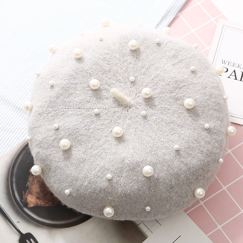 Wool Women Winter berets Luxury pearl rivet Vintage Cashmere Female Warm Vogue beret Hats Girls Flat cap beret for women: Light Gray
