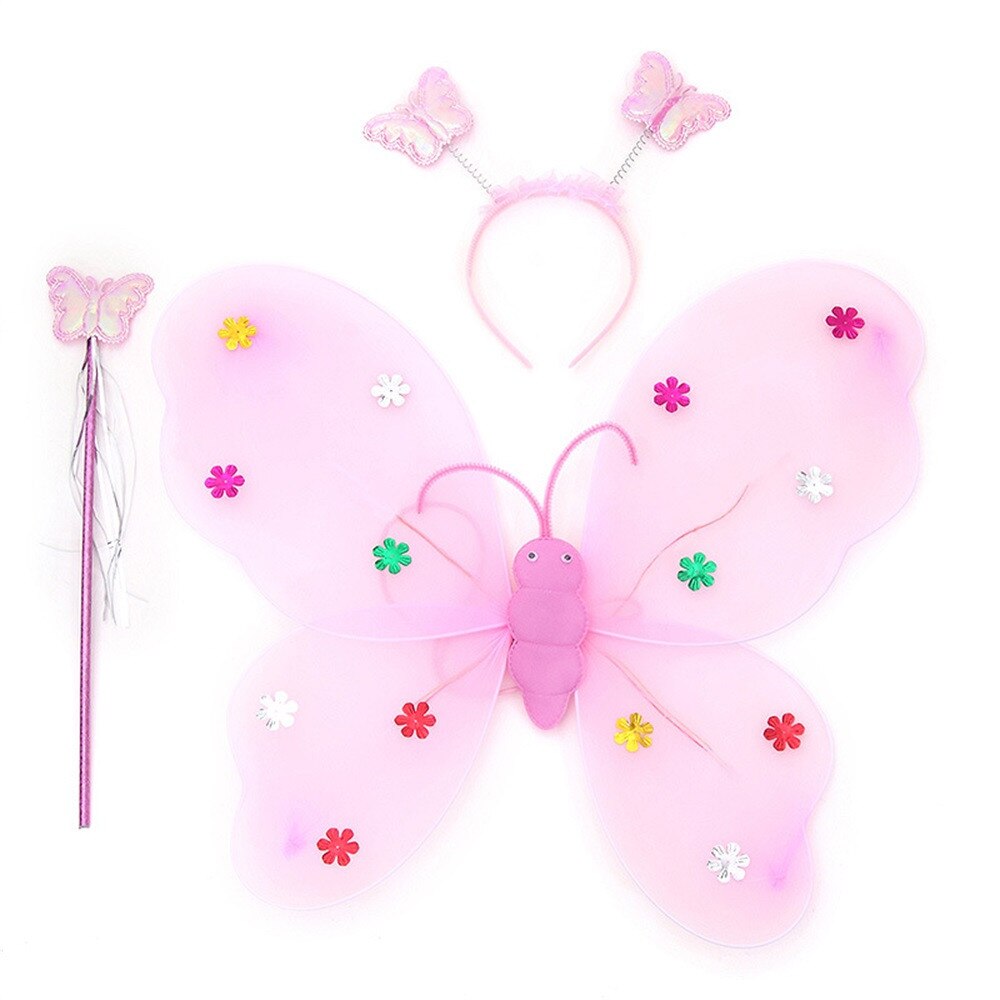 3 Stks/set Dubbele Lagen Meisjes Led Knipperlicht Fairy Butterfly Wing Toverstaf Hoofdband Kostuum Speelgoed