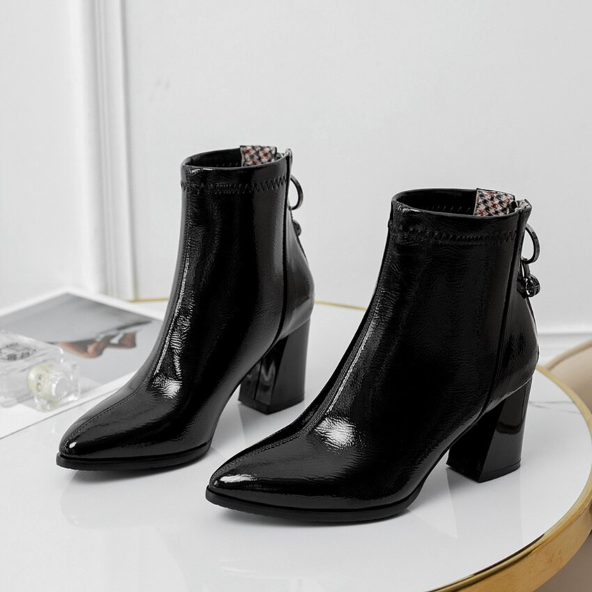 QUTAA Crystal Zipper puntiagudo Toe botines PU cuero Otoño Invierno mujeres zapatos cuadrado tacón alto botas cortas tamaño 34-43