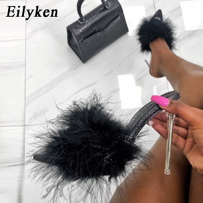Eilyken kvinna tofflor fjäder pvc genomskinliga sandaler perspex höga klackar päls peep toe dam mulor slides skor