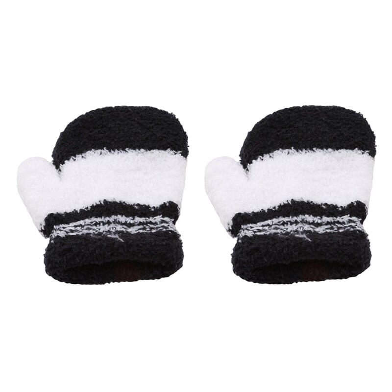 Children's Warm Coral Velvet Gloves Winter Keep Warm Knitted Full Rope Finger Outdoor Gloves: black-white