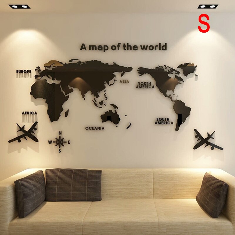 Acrylic 3D Map Of World Smooth Solid Crystal Wall Sticker Home Office Decor AUG889: as shown