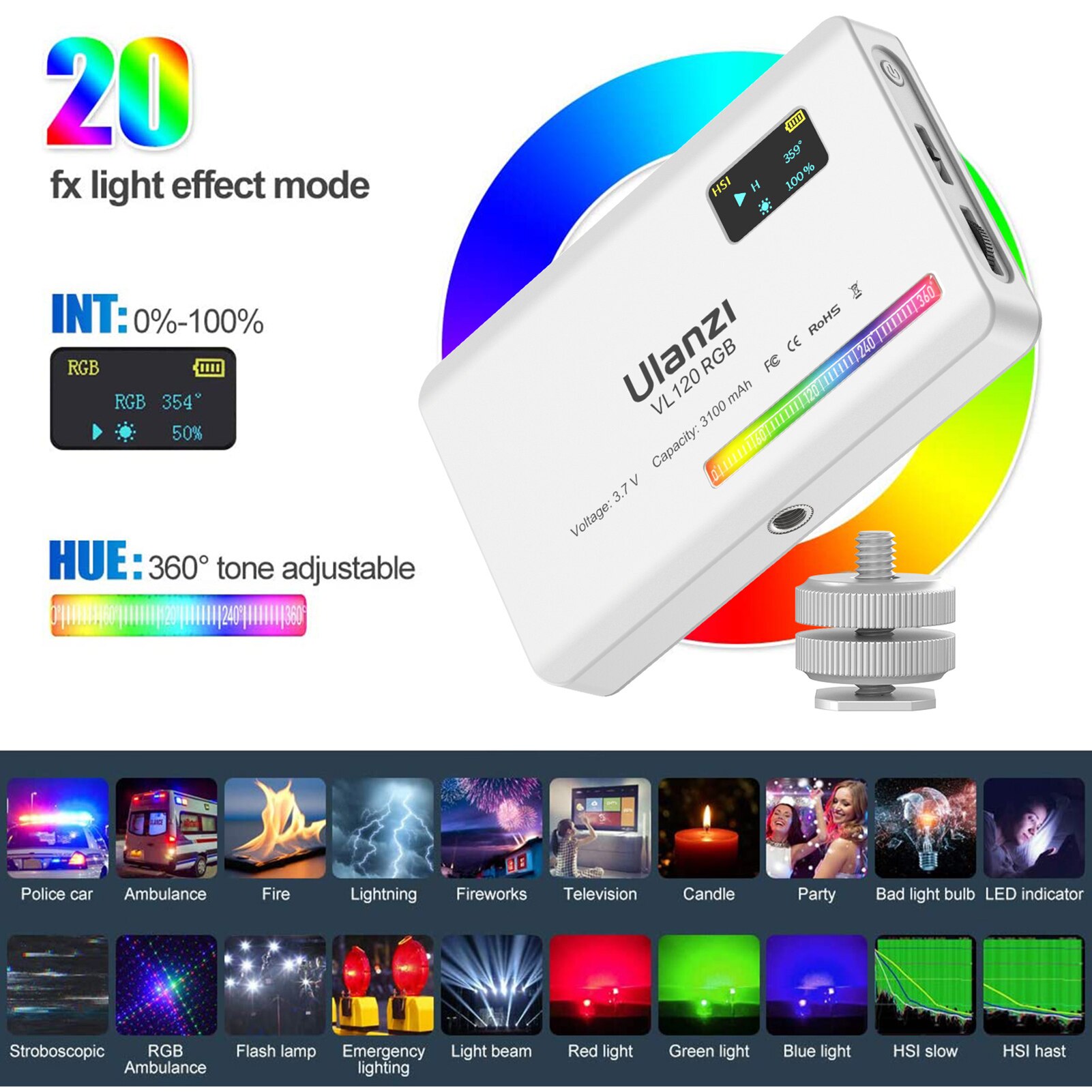 Ulanzi VL120 RGB Compact Video Light with Display Screen Diffuser Mini Camera RGB Light Smartphone Selfie Lighting 3100mAh