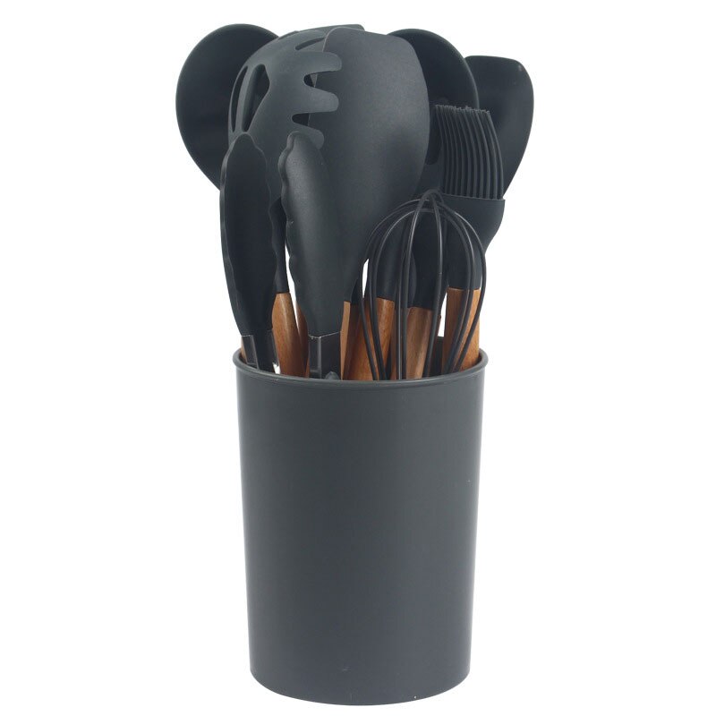 12Pcs Silicone Cooking Utensil Set Wooden Handle Spatula Soup Spoon Brush Ladle Pasta Colander Non-stick Cookware Kitchen Tools