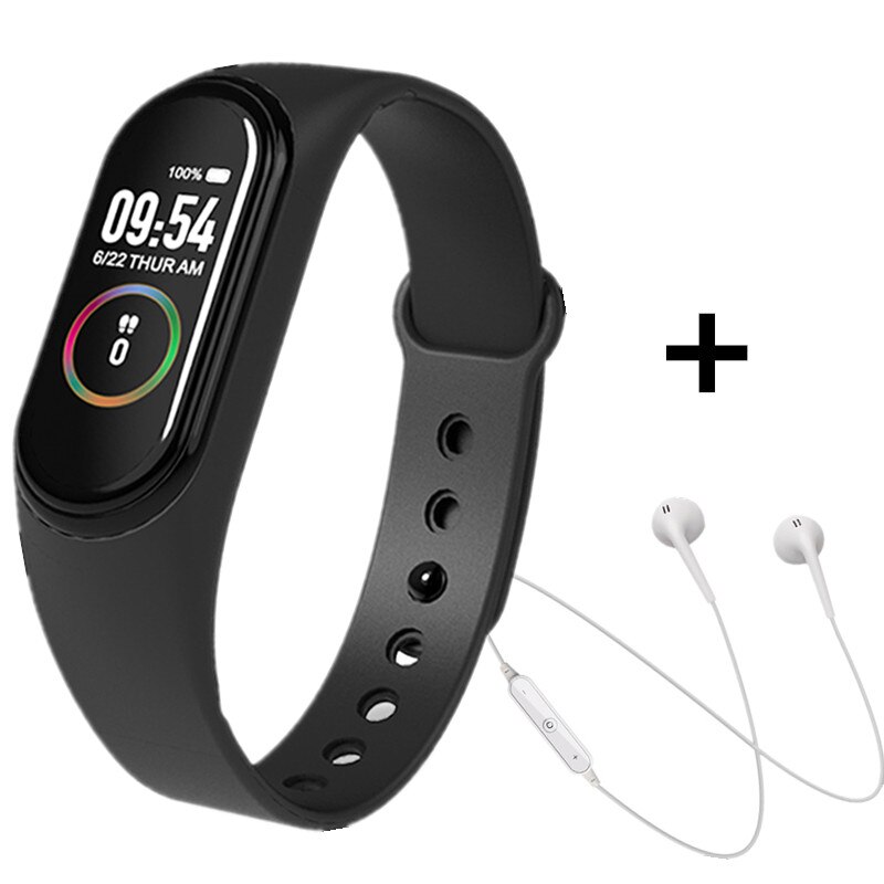 M4 smart band hjertefrekvens blodtryksmåler smart armbånd fintness aktivitet trackeer smart armbåndsur med øretelefon: Sort hvid