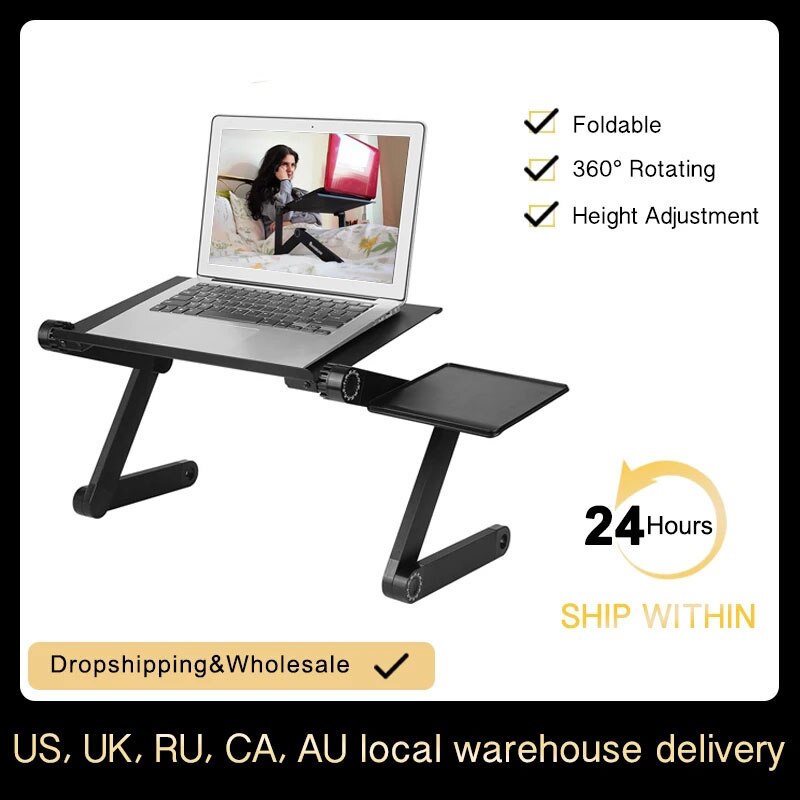 Mesa ergonômica ajustável para laptop de alumínio, suporte para mesa para PC, apoio para notebook com mouse pad, painel e cavalete para cama, TV portátil, escrivaninha dobrável