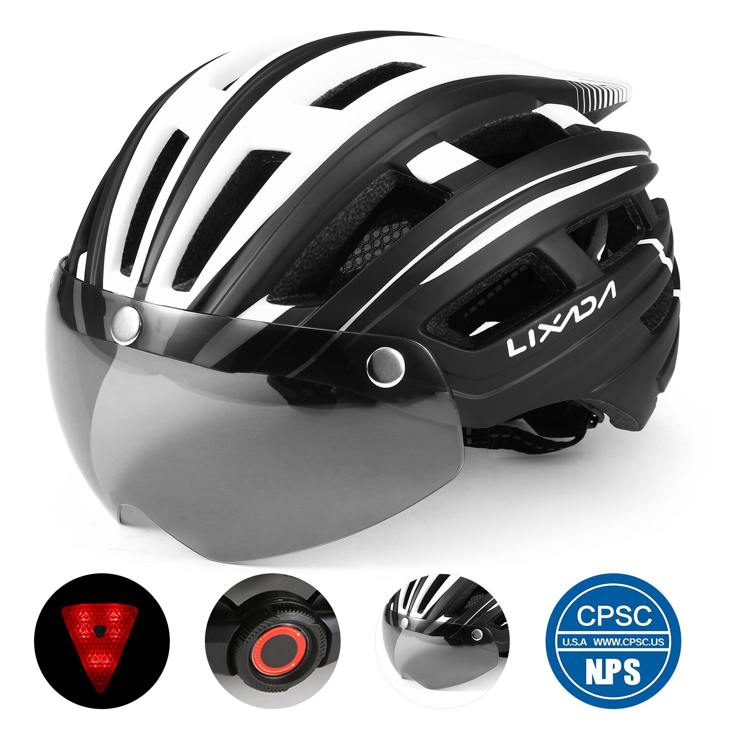 Lixada mountainbikehelm, motorhelm met achterlicht, afneembaar magnetisch vizier, uv-beschermende fietshelmen voor mannen en vrouwen.: Zwart wit