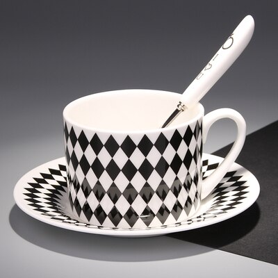 Nordic simple black and white geometric bone china coffee cup and Saucer Set with spoon afternoon tea cup home coffee shop: diamond