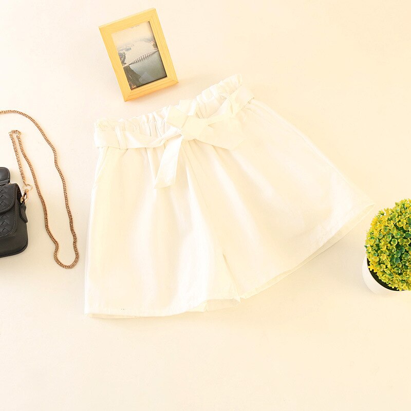 Elastic waist tie bow Loose Cotton shorts Womens summer Korean ruffles wide leg shorts for women wild casual Shorts: White
