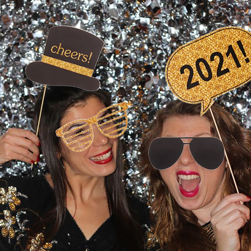 Happy Year Photo Booth Frame Props Gold Black Paper Glasses Photobooth Props Year Eve Party Supplies Kids Favors