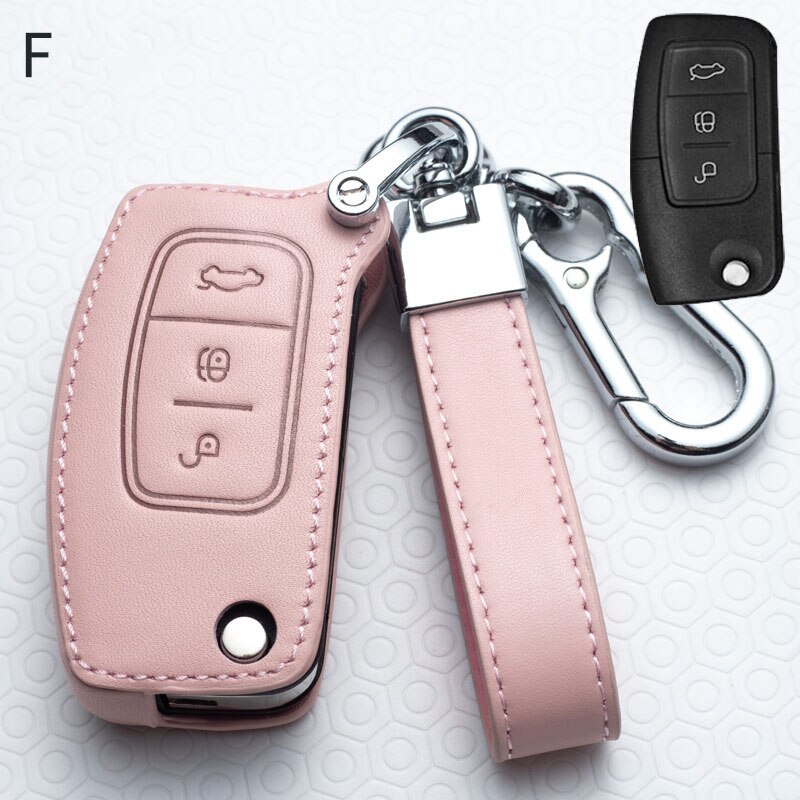 Leather Car Key Cover Key Case For Ford Focus Fiesta Mondeo Kuga Escape Fusion Mustang Explorer Edge Ecosport: F-Pink