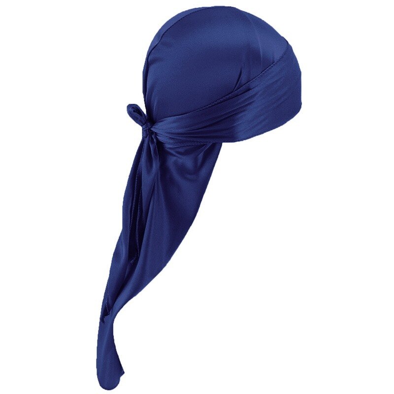 Satin Men Stretchy Cap Hip Hop Wigs Turban Bandana Headwear Toe Cap Solid Color Long Pirate Hat Tie Down Tail Hair Accessories: navy