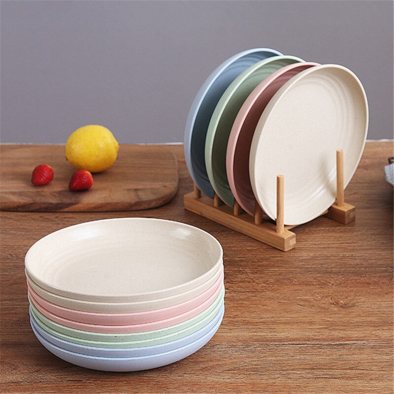 4 Pcs Eco-friendly Food Snack Dish Plate Wheat Straw Lunch Dinner Dessert Fruit Plate Tray Tableware 4 Colors Serving Plates