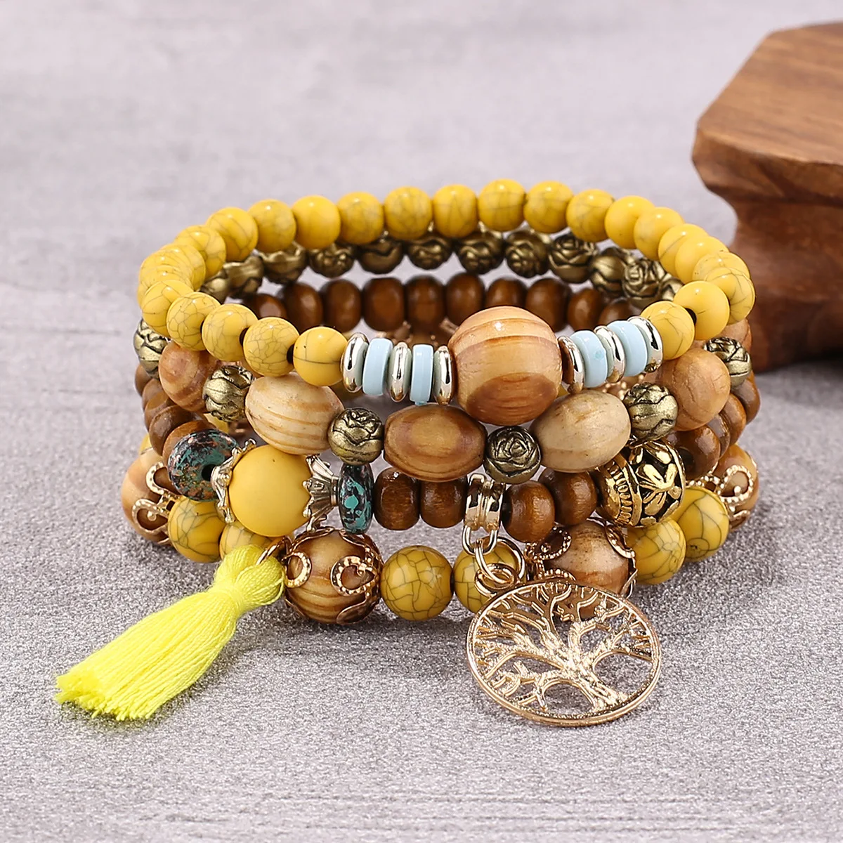 Conjunto de pulsera de árbol de la vida para mujer, brazalete de cadena elástica con cuentas de madera y borlas, joyería de para: Verde Dragonly