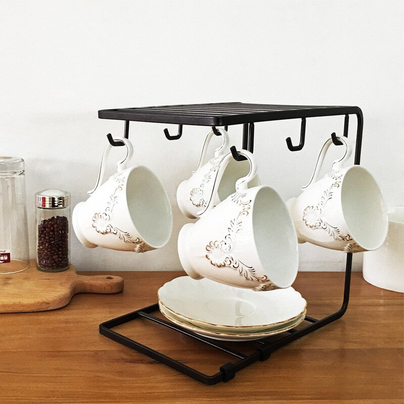 2 Tier Tea Coffee Cup Holder Kitchen Mug Dish Multi-functional Drying Storage Racks with 6 Hooks