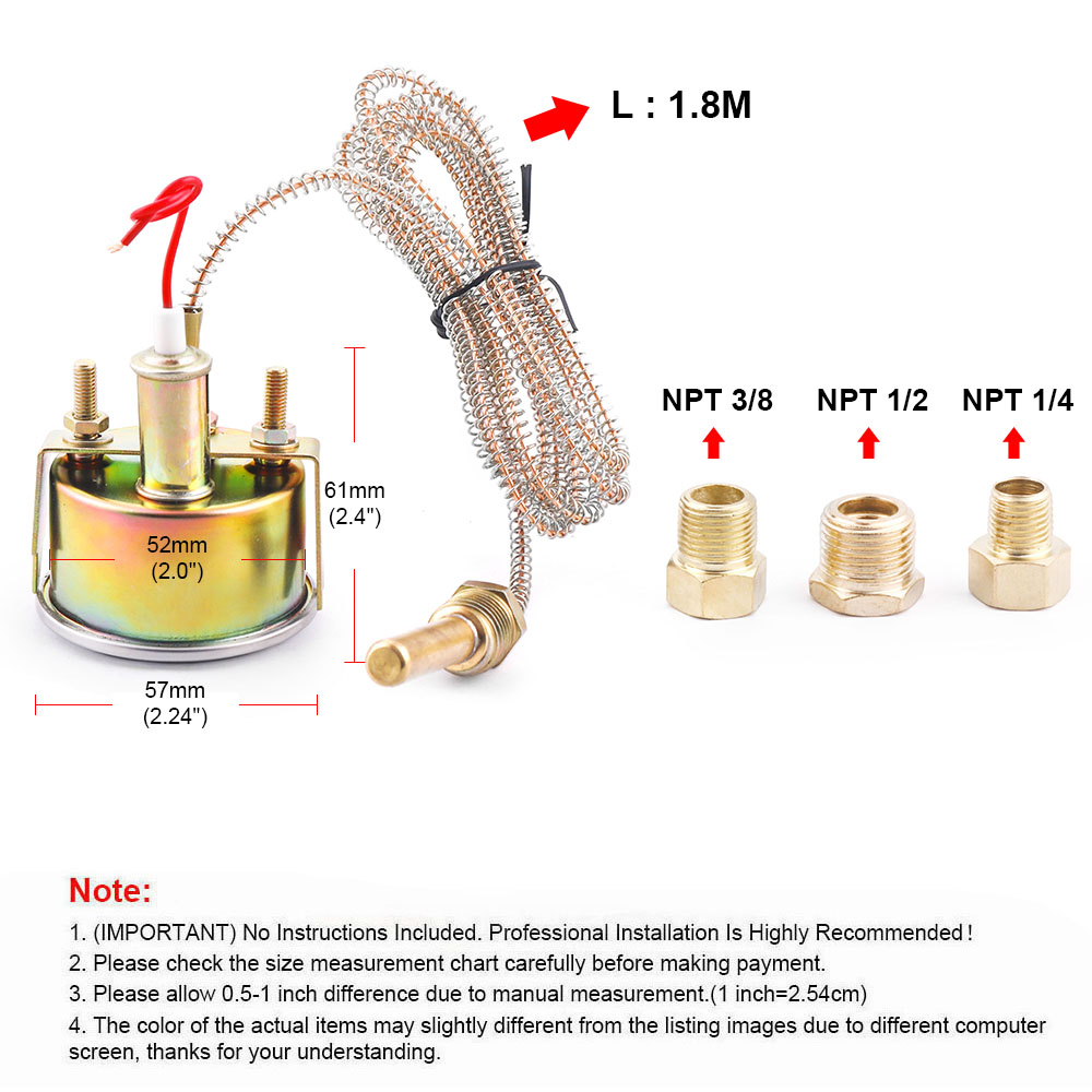 Jauge de température d'eau mécanique 2 "52MM 12V 50-140 ℃ /130-280 ℉ Jauge de température d'eau pour voiture, avec capteur NPT 1/2, NPT 1/4, NPT 3/82