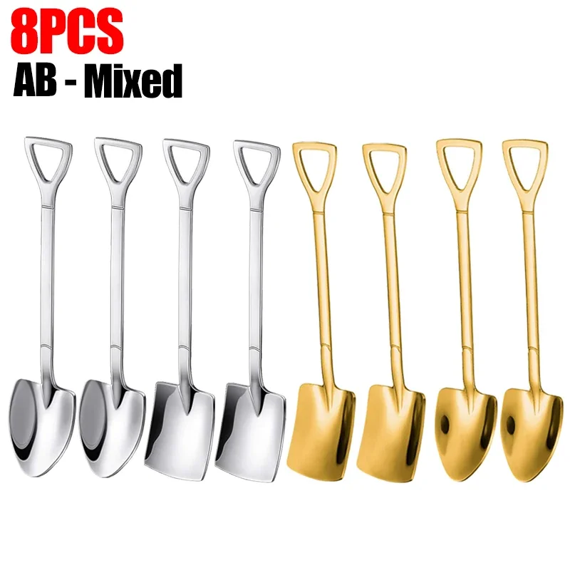1/8pcs Shovel Spoons Coffee Stirring Spoon Stainless Steel Ice Cream Dessert Watermelon Scoops Kitchen Tableware Set: Silver