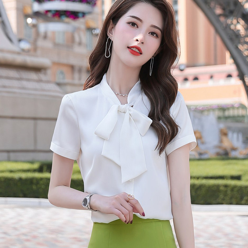 Chemise en mousseline de soie rouge vin pour femmes, à la , chemisiers à manches courtes avec nœud papillon, bureau, hauts de travail pour dames, été: White / XXL