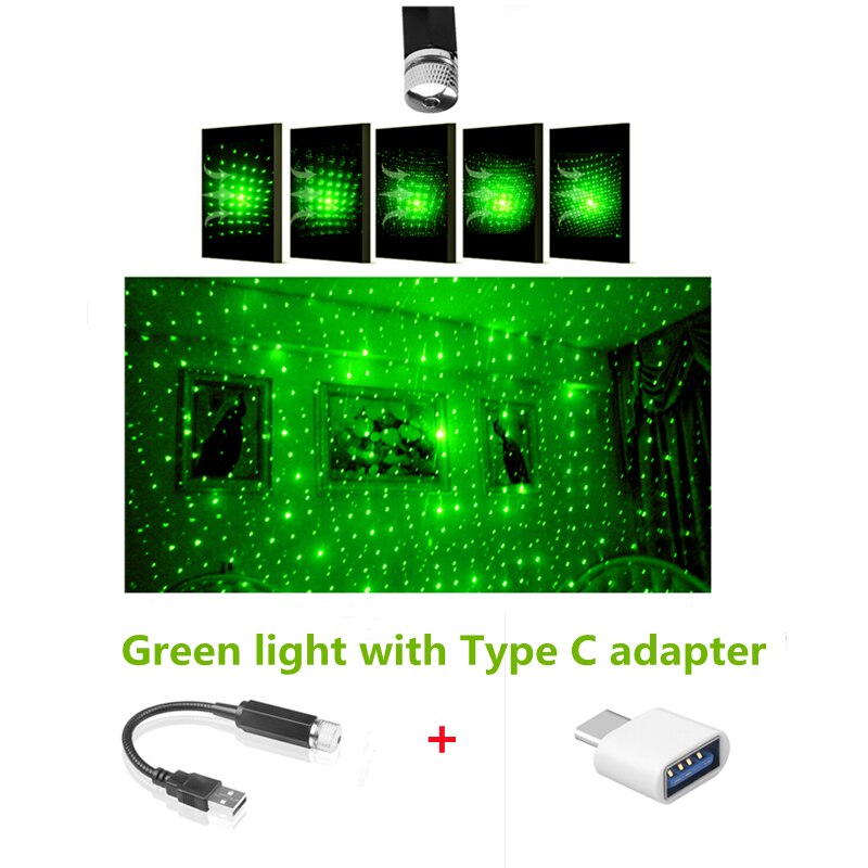 Kebidu-Mini proyector de estrellas LED USB, lámpara ambiental Universal para techo de coche, luz Interior, decoración automática, lámpara de galaxia nocturna: Green type c