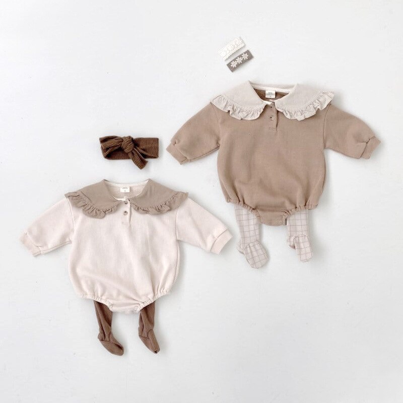 Babykleidung für mädchen mit großem revers, einfarbiger babybody aus baumwolle, langarm-Baby-jungen-strampler