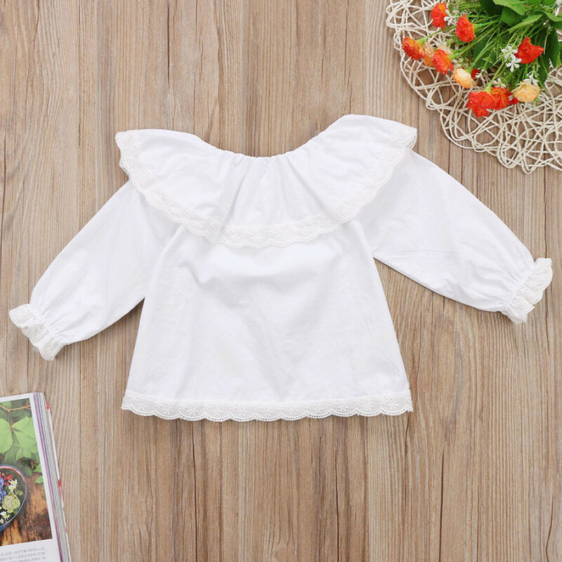 0-24M Newborn Toddler Infant Baby Girls Solid White Sweet Shirt Lace Long Sleeve Tops T-shirts Clothes