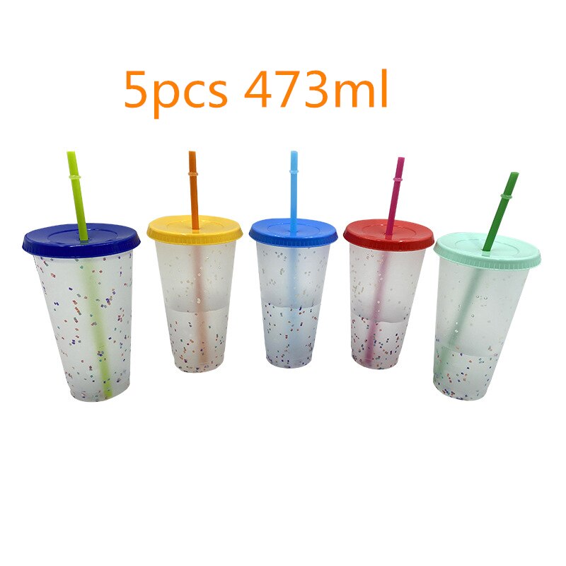 1/5 stk. 700/473ml farveændrende konfetti genanvendelige plastikglas med låg og halm kold kop halmkop drinkware køkkenkasser: 5 stk 473ml 04