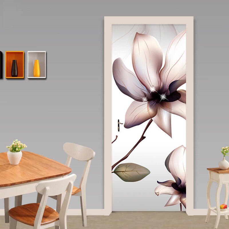 Pegatina de puerta de arte moderno, 3D papel tapiz de flores, calcomanías de pared de PVC autoadhesivas para decoración del hogar, sala de estar y dormitorio