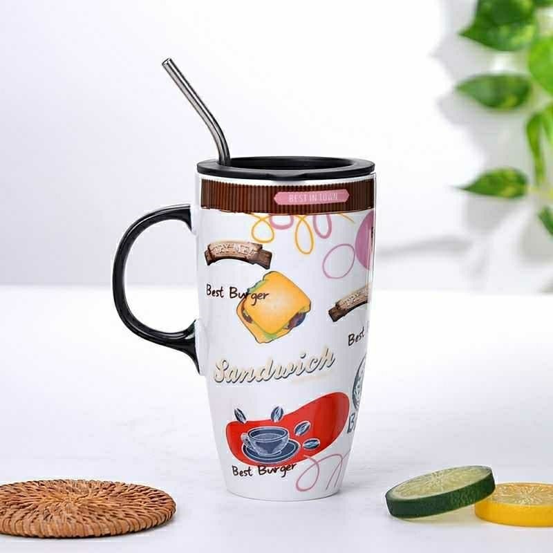 Fall Cute Cartoon Ceramic Coffee Milk Mug Mugs Breakfast Cereal Juice Red Tea Cup Student Friend Office Straw Cups
