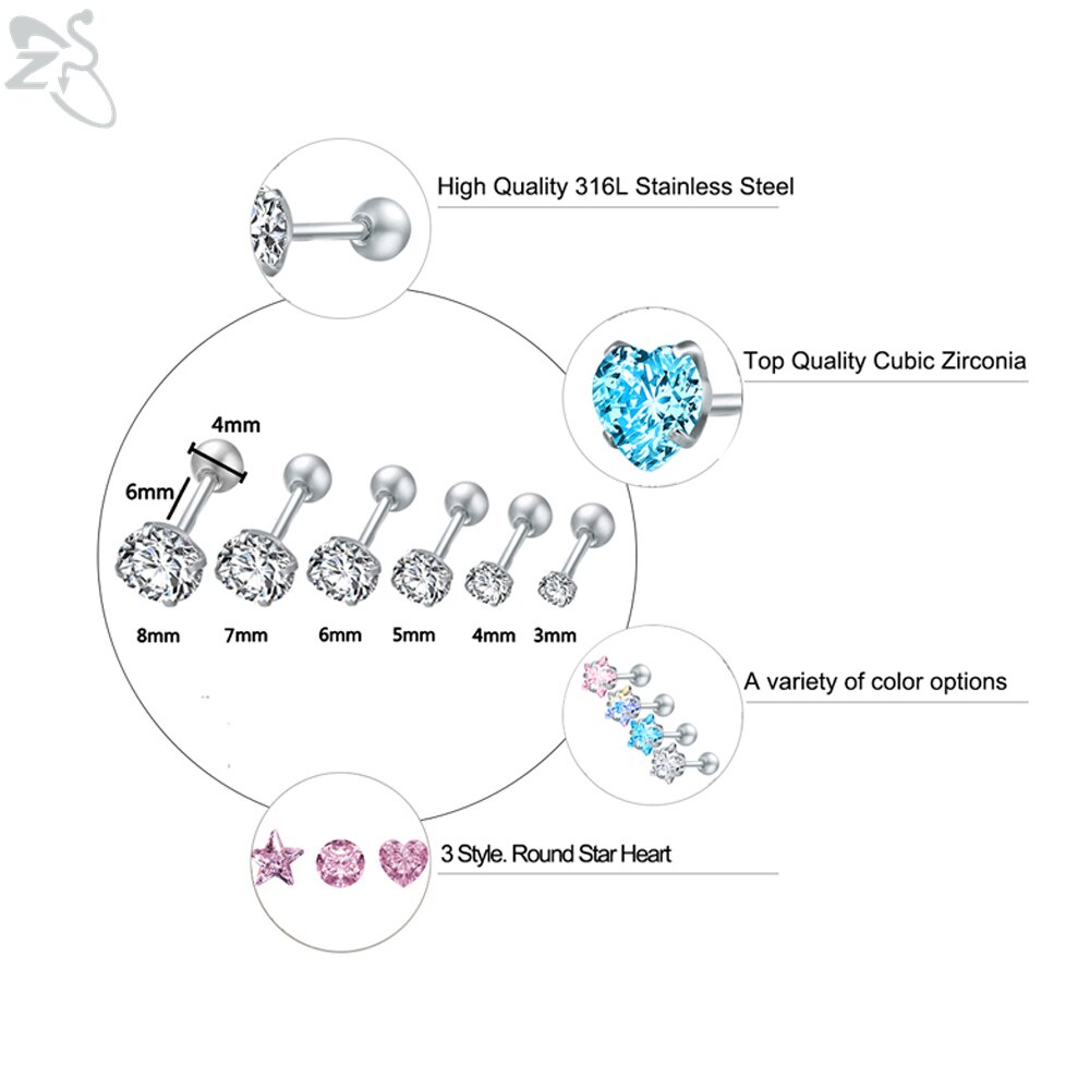 Zs 4 Pairs 3-8Mm Glanzende Zirconia Stud Oorbel Set 316L Rvs Oorstekers Oor Tragus helix Schelp Kraakbeen Piercings