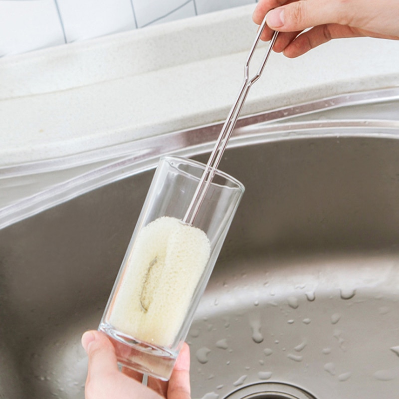 Cleaning Tool Sponge Brush Stainless Steel Handle Cup Cleaning Brush For Bottle Feeding Replaceable Sponge Head Bottle Brush