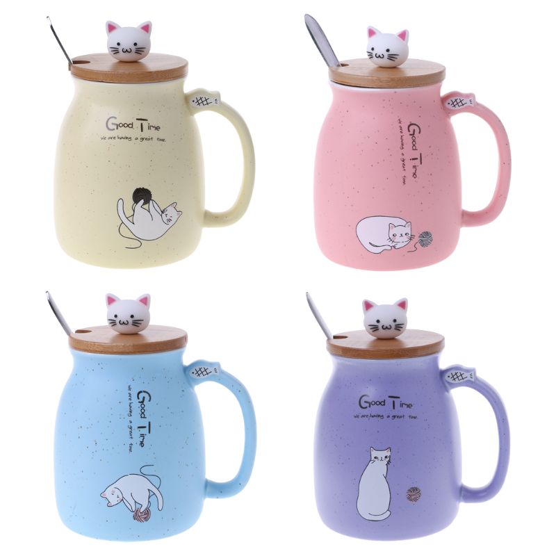 420ml Cat Ceramic Mug Heat-resistant Cup With Spoon Lid Drinkware Children Cartoon with Lid Milk Cup