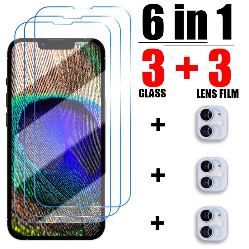 6 in 1 Screen Protector For iPhone 13 12 11 Pro Max Camera Lens Film For iPhone 13 12 Mini 11 SE Tempered Glass