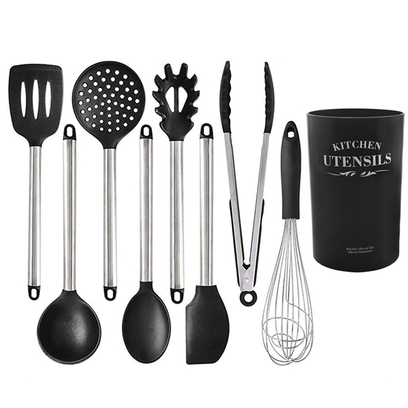 Silikon kjøkkenutstyr sett varmebestandig bakeredskap slikkepott spade suppeskje med trehåndtak non-stick kokekar: 9 stk svart