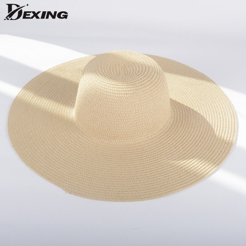 Sommer brede rand halm hatte solide hatte til kvinder uv beskyttelse panama damer floppy fold hat chapeau femme strand hatte kvinder: Beige