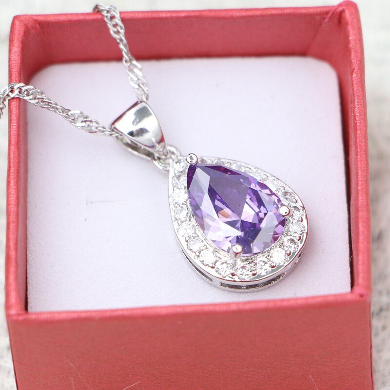 Collier de mariée en argent 925, pendentif goutte d&#39;eau, zircon cubique violet pour femmes