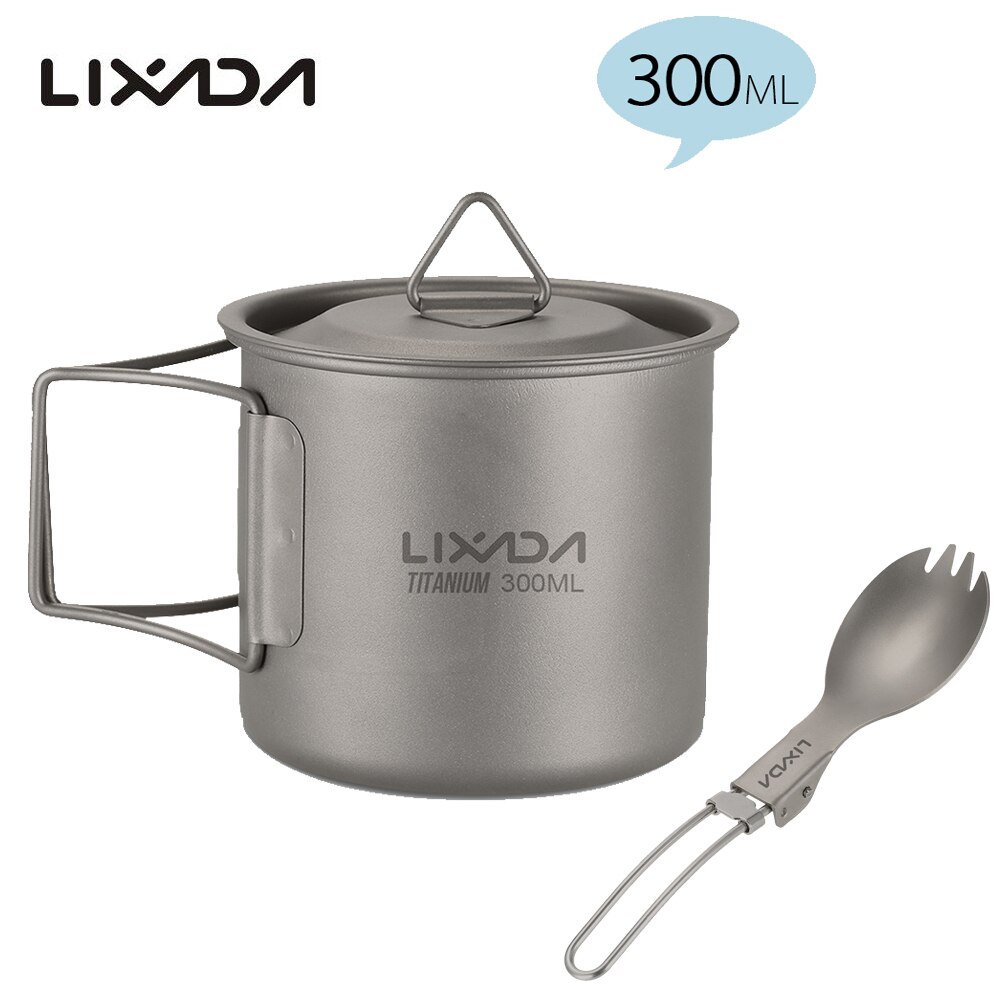 Lixada Titanium Cup Camping Verwarming Mok Servies Lichtgewicht Outdoor Survival Koken Apparatuur Wandelen Kookgerei Picknick Gebruiksvoorwerpen: 300ml with Spork