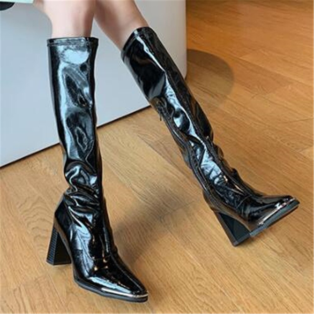 Patent Leather Shoes Womens Knee High Boots Square Toe Zip Ladies Thick High Heels Chelsea Bootties Black: knee high boots / 35