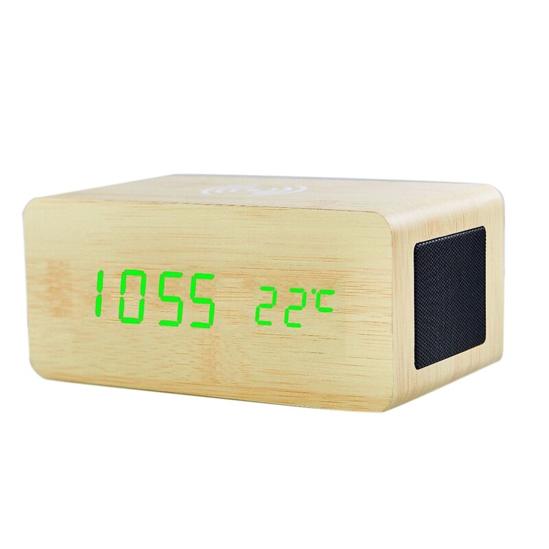 Wood Alarm Clock Bluetooth Speaker Desk USB Digital Clocks LED Wireless Charging Phone Temperature Wooden Table: Photo color   green